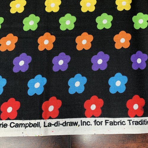 Patty Reed Designs La-Di-Draw Multicolor Flowers on Black Fabric 1 1/4 Yds - Picture 5 of 12