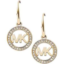 MICHAEL KORS GOLD TONE,CRYSTALS TRIM,MK MONOGRAM LOGO DROP EARRINGS MKJ4794