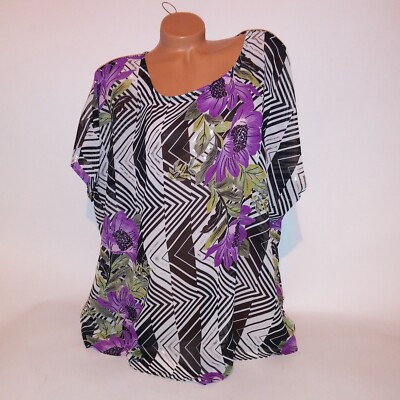 Jaclyn Smith Blouse Plus Size Purple Black White Geo Floral Sheer Dolman Sleeve