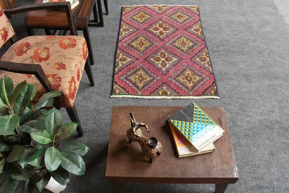 3x4 Classic Vintage Hand Knotted Purple Geometric Wool Oriental Area Rug - Image 2 of 4