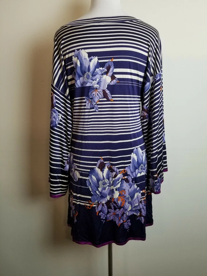 FOLEY Small women dress SILK BELL SLEEVE floral striped mini shift purple - Image 2 of 4