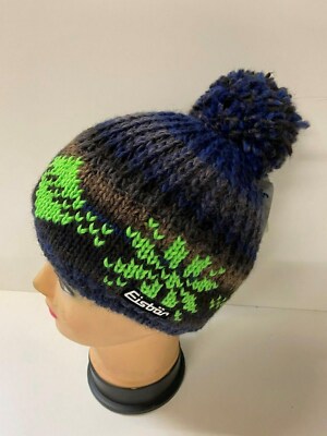 Eisbär Roxy Pompon Mütze blau/grün Herren Damen Bommelmütze Skimütze Wollmütze