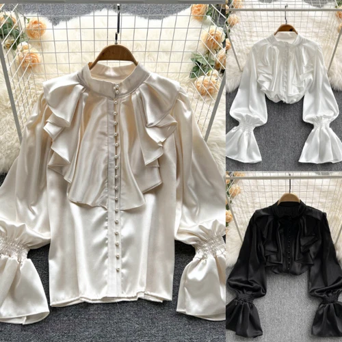 Women Ruffle Blouse Top Faux Silk Satin Puff Sleeve Retro Shirt Elegant New - Bild 2 von 21