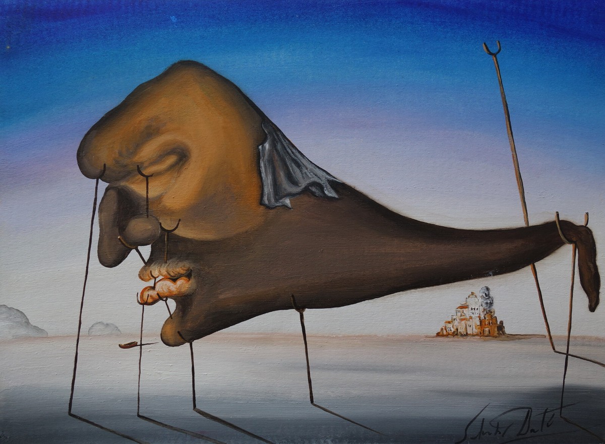 Rare fine unique painting, surreal landscape, signed Salvador Dali
