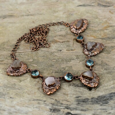 Rose Quartz Rough Copper Gift Electroformed Chain Adjustable Necklace 18.0''