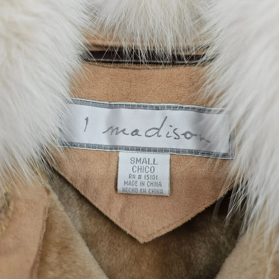 1 Madison Coat S Tan Brown Fox Fur Suede Feel Penny Lane Boho Toggle Embroidered - Image 2 of 4