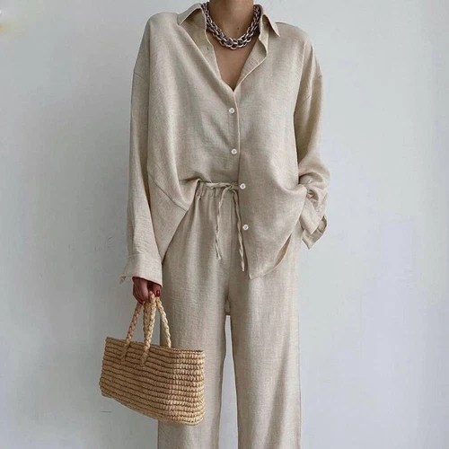 Damen Baggy Arbeit Reversausschnitt Damen 2 Stück Outfits Langarm Lounge Sets - Bild 11 von 35