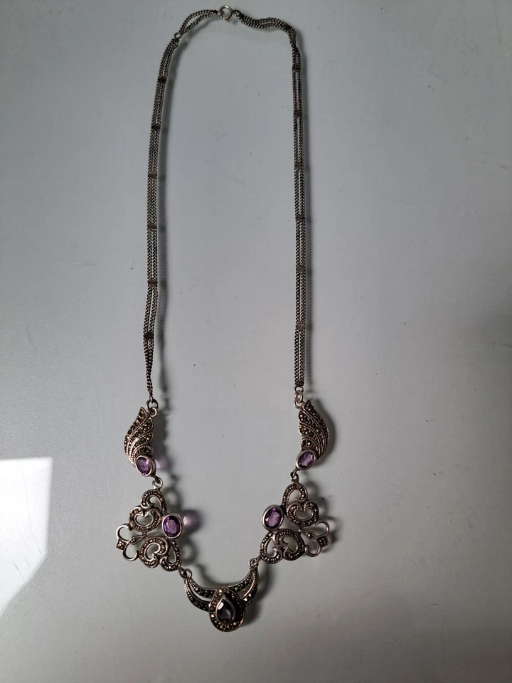 Pregiato,Vecchio Collier,Catena,925 Argento Con Ametiste E Marcasite - Immagine 2 di 4