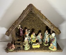 Vntg Complete Nativity Set Porcelain Hand Painted w/Wooden Stable Trim A Home