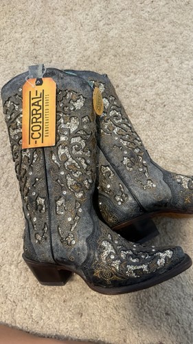 Corral Women's Western Boots Black Leather Pull-On Studded Floral Glitter