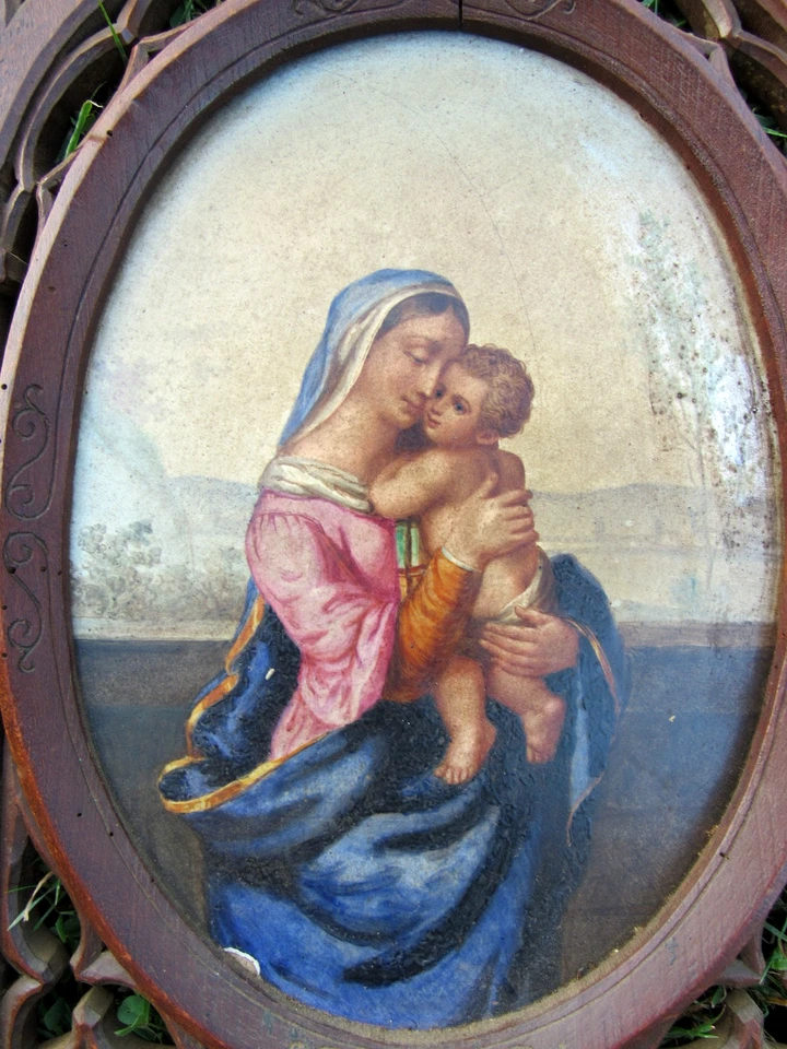XIX - Grand Bénitier Bois - Peinture Plaque Porcelaine Vierge a l'Enfant Madone - Photo 2/4