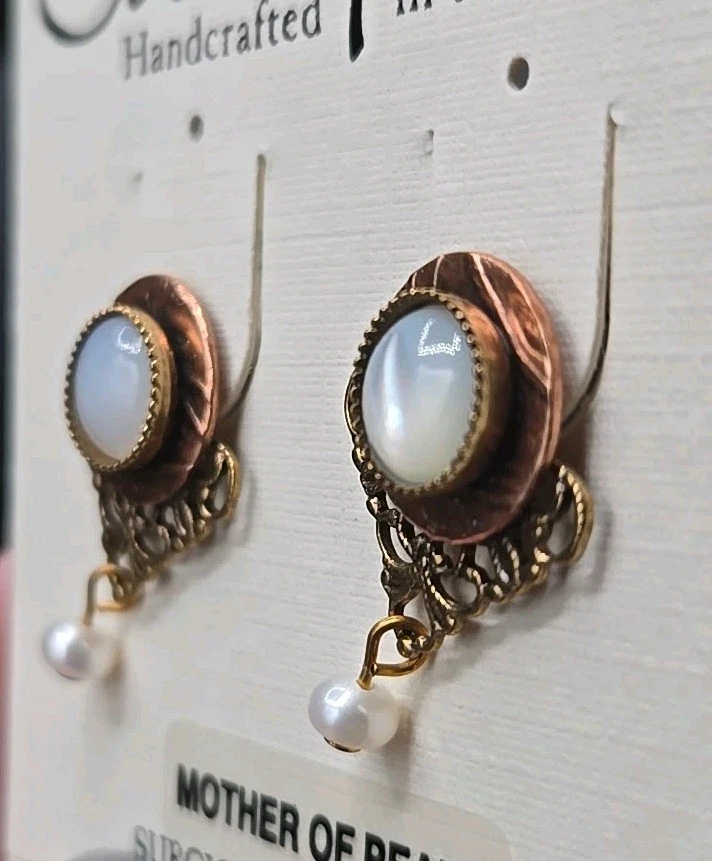 Silver Forest Earrings Mother Of Pearl Post & Pearl Dangle Beads Bronze Filagree - Image 4 of 4