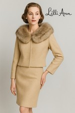 vintage 50s LILLI ANN 2 piece skirt suit jacket boucle faux fur collar XS S