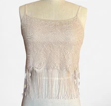 VTG 70s Cream Fringed Crop Top Size M Festival Boho Beach Made In USA