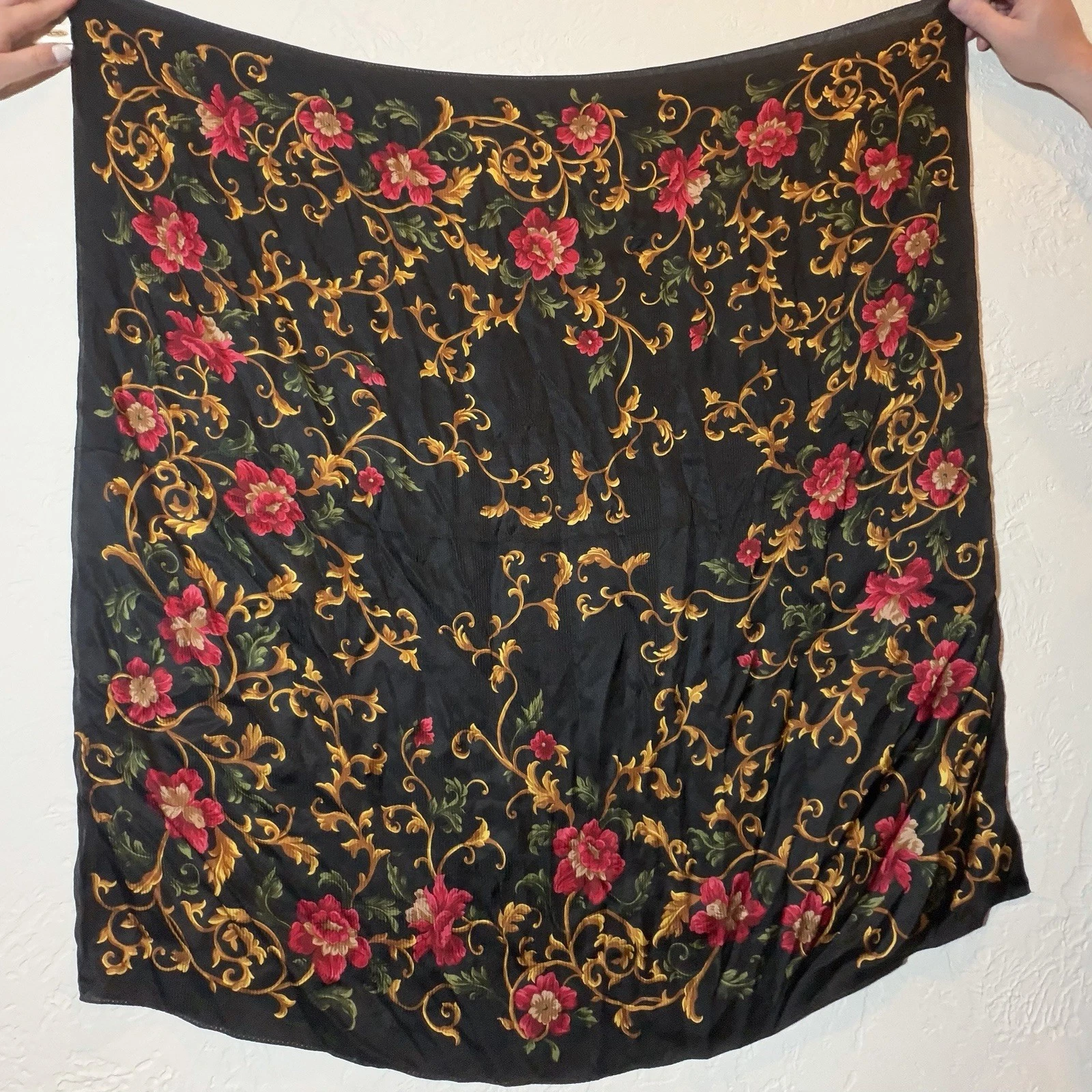 Talbots Silk Scarf Baroque Floral Black Gold Square Vintage Style 34”
Opens in a new window or tab