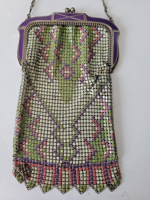 Vintage 1920's Whiting & Davis Enamel Mesh Purple Green Flapper Purse - Read