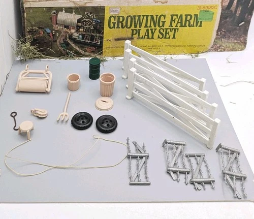 1968 Marx Growing Farm Accessories - Fence, Trash Can, Oil Drum, Bucket, Etc.