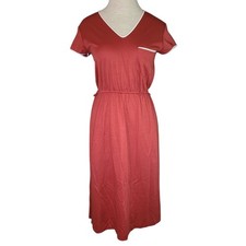 Vintage 1970s Dress Womens SM V-neck Short Sleeve Midi Dress Rust W/ White Trim