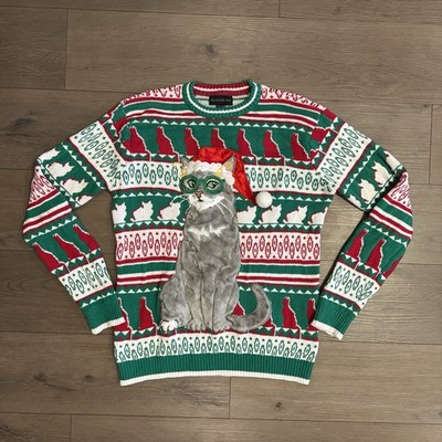 Blizzard Bay Ugly Christmas Sweater Men's Medium Fair Isle Cat Glasses Holiday