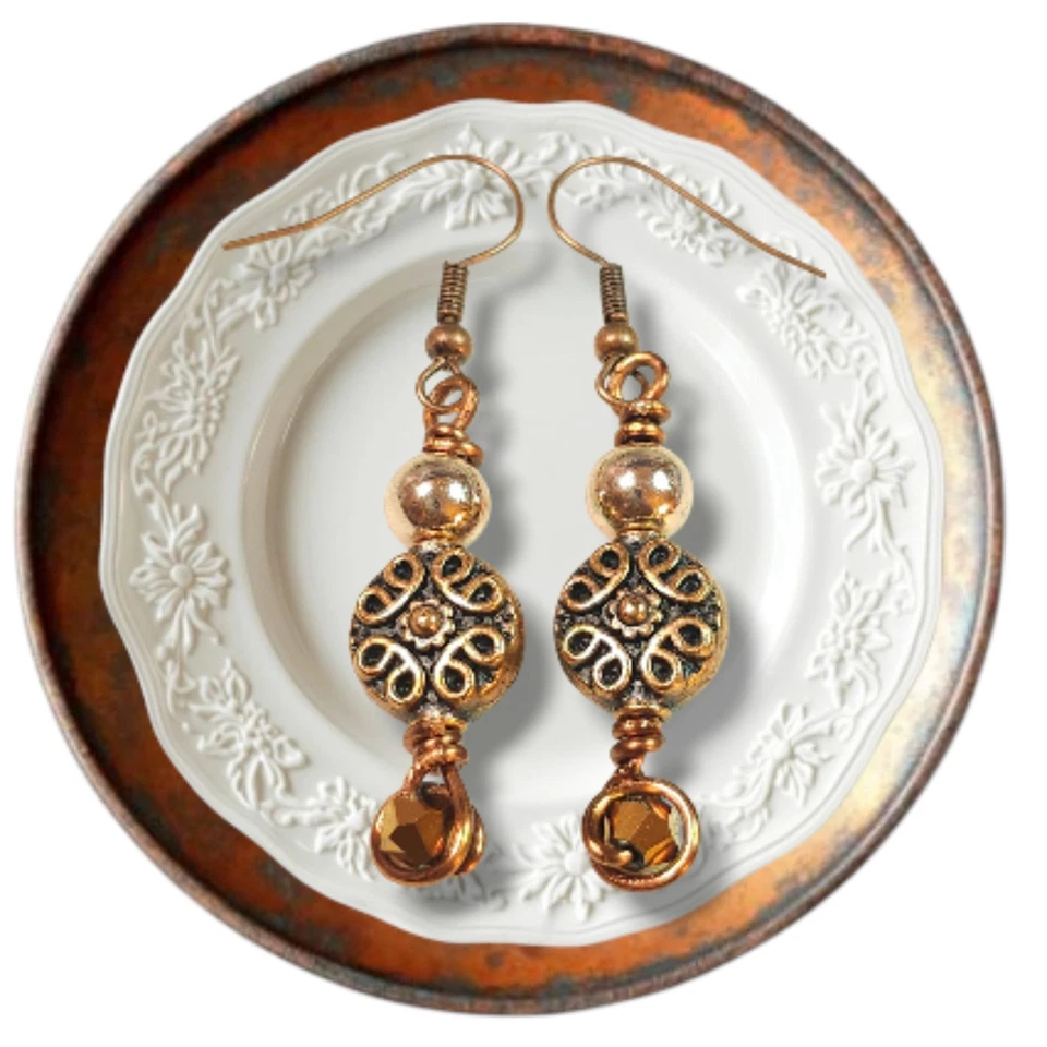 Pendientes antiguos de cobre hematita y cristal rústicos boho ganchos colgantes hechos a mano Foto 3 de 4