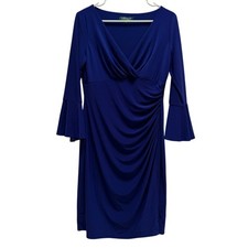 Lauren Ralph Lauren Bell Sleeve Ruched Cocktail Dress Womens 10 Blue Formal Gala