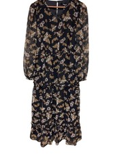 Towowge Black Gold Floral Midi Tiered V-Neck Dress Women's Size Small NEW
