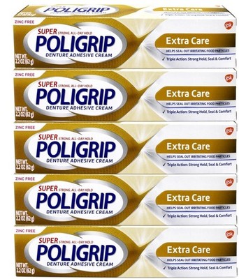 Poligrip Super Poligrip Extra Care Denture Adhesive Cream Zinc Free 2.2 oz 5pack