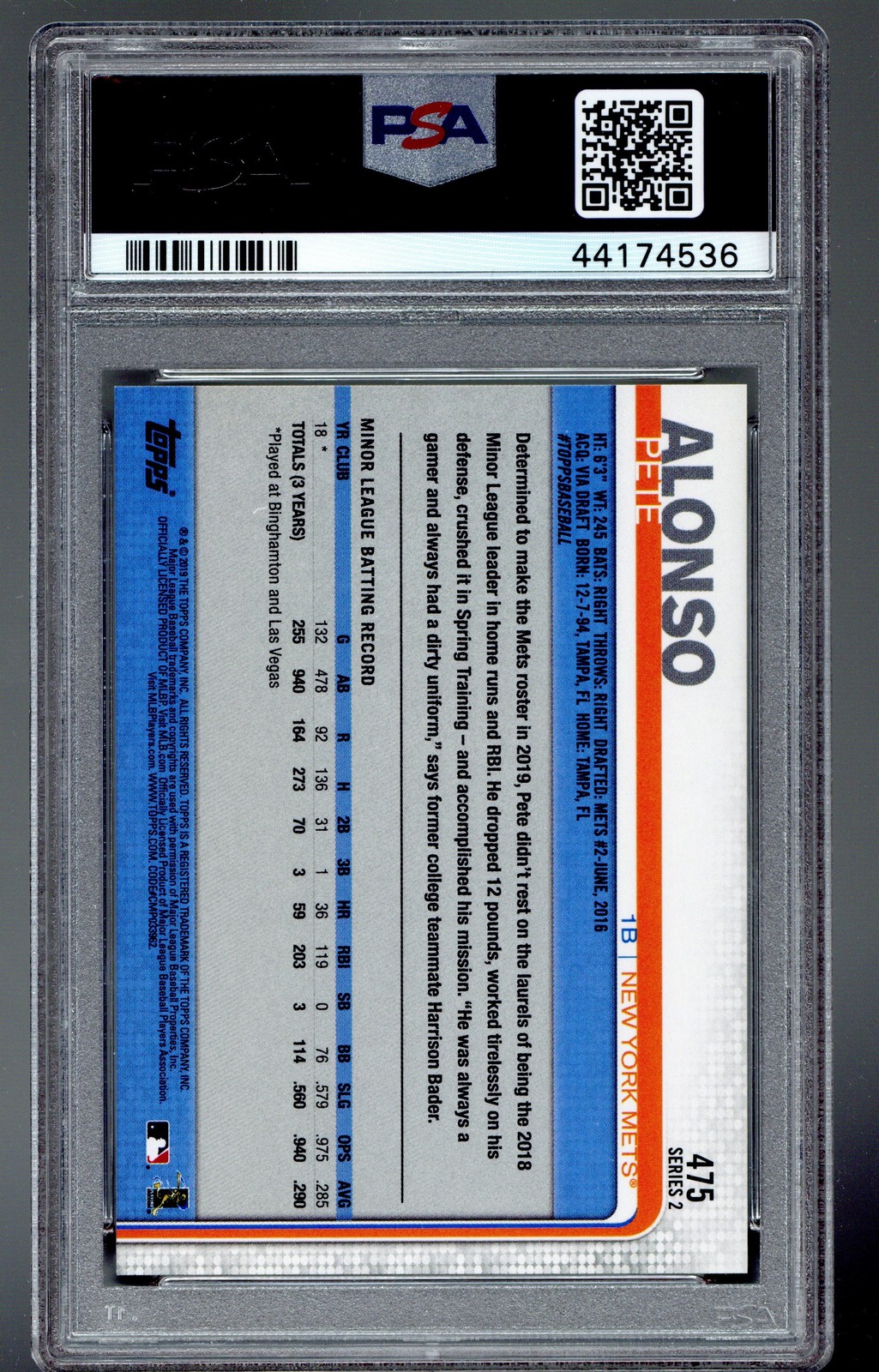 2019 Topps #475 Pete Alonso PSA 9 ROOKIE RC view 2