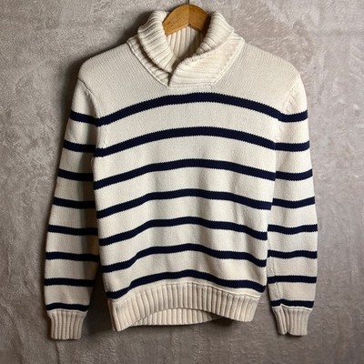 American Eagle Sweater Mens M Blue White Striped Shawl Collar Pullover Fisherman