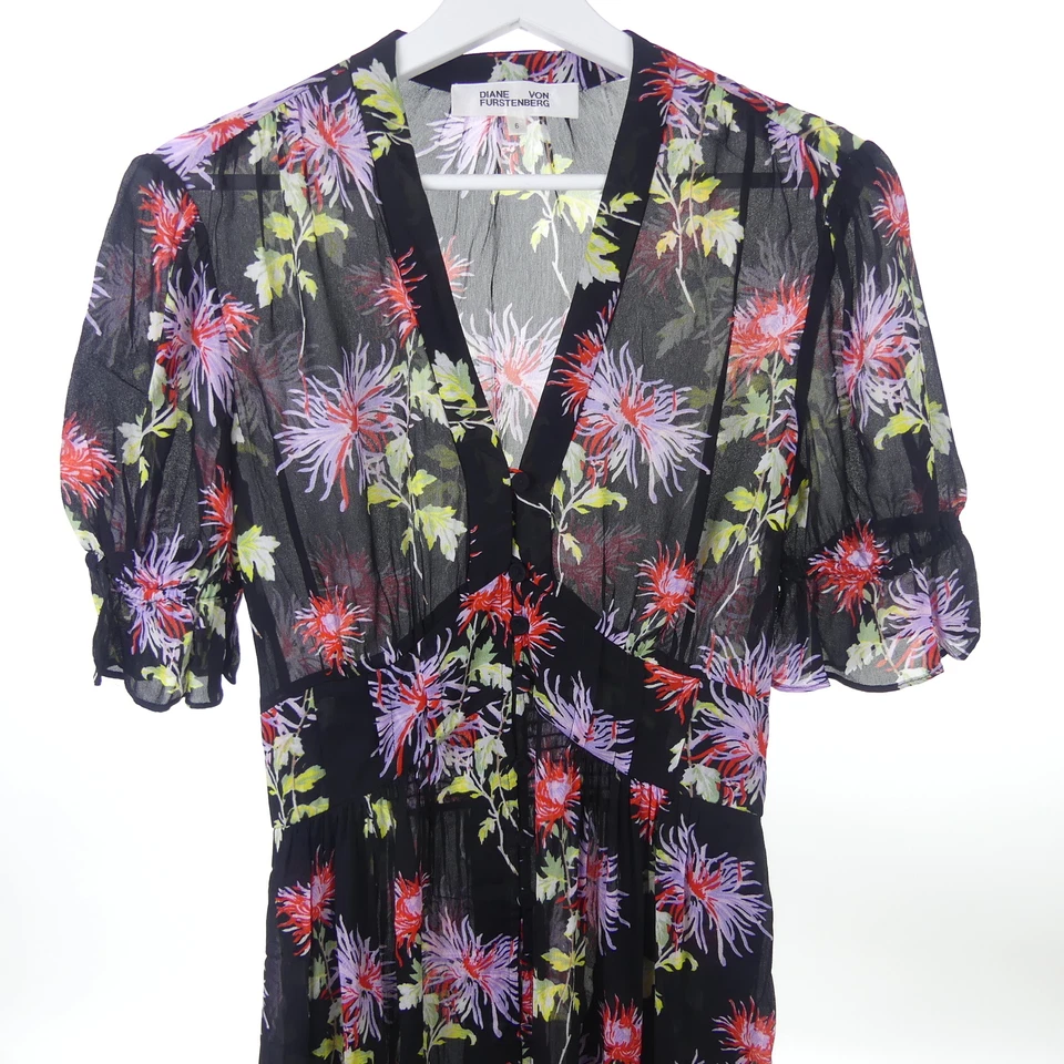DIANE VON FÜRSTENBERG Maxi Kleid Blusenkleid Schwarz Bunt Blumen Gr. 6 36 - Bild 2 von 4