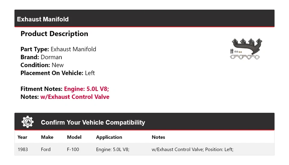 Colector de escape izquierdo Ford F-100 1983 5,0 L V8 Dorman Foto 2 de 4