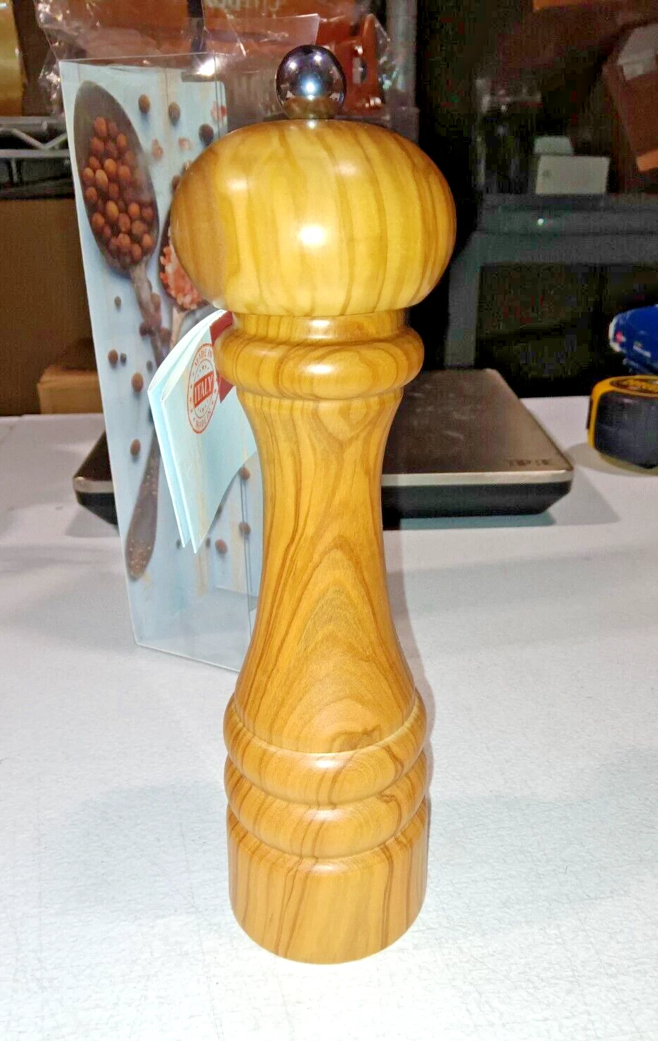 Bisetti Imperia 9 Inch Olive Wood Pepper Mill With Adjustable Grinder. Italy
