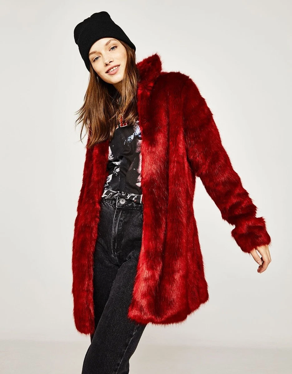 Bershka Red Long Faux Fur Coat - New With Tags - Size S