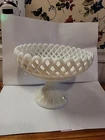 CHALLINOR TAYLOR WHITE MILK GLASS PEDESTAL OPEN LATTICE FRUIT BOWL COMPOTE