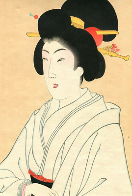 19th Woman Geisha Tea Portrait - Antique Japanese WoodPrint Original Asian Art