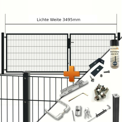 Zaun Einfahrtstore 2-flg. B= 3,50m Pfosten Abdeckleiste Zaunanlge Gitterstabzaun