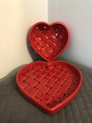 D2 Primo'Gi Red Lattice Weave Ceramic Basket Heart Handmade In Italy Valentines