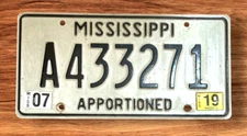 2019  MISSISSIPPI  APPORTIONED SEMI IRP  PRO RATE LICENSE PLATE " A 433271 " MS