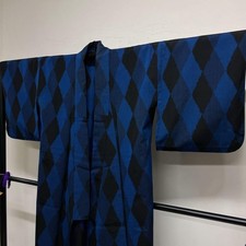 Wool Kimono Blue Black Checkered Size M Japan