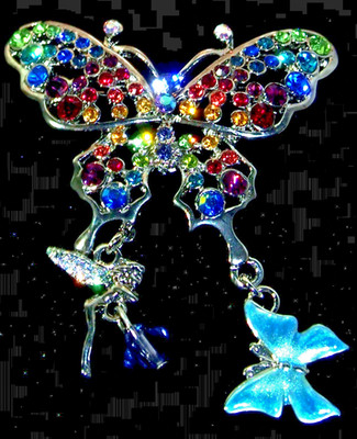 Kirks Folly Rainbow Butterfly Pin w/Fairy Charm-Silvertone 2-1/8'' x 1-3/4''