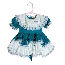 Vintage Lid'l Dolly's Teal Lace Ruffle Baby Dress 13-15 LBS Butterfly Bib Collar