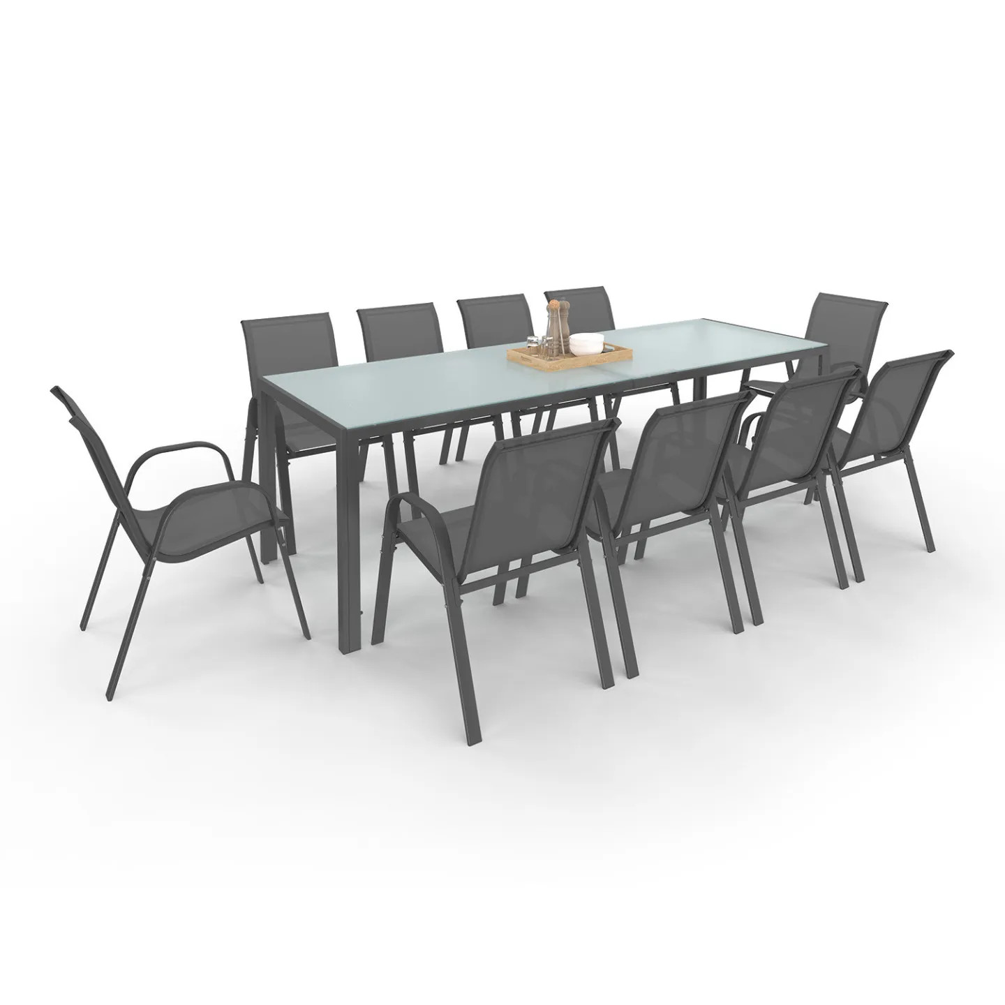 Salon de jardin MADRID en composite gris anthracite, table 240 cm et 10 chaises épurées