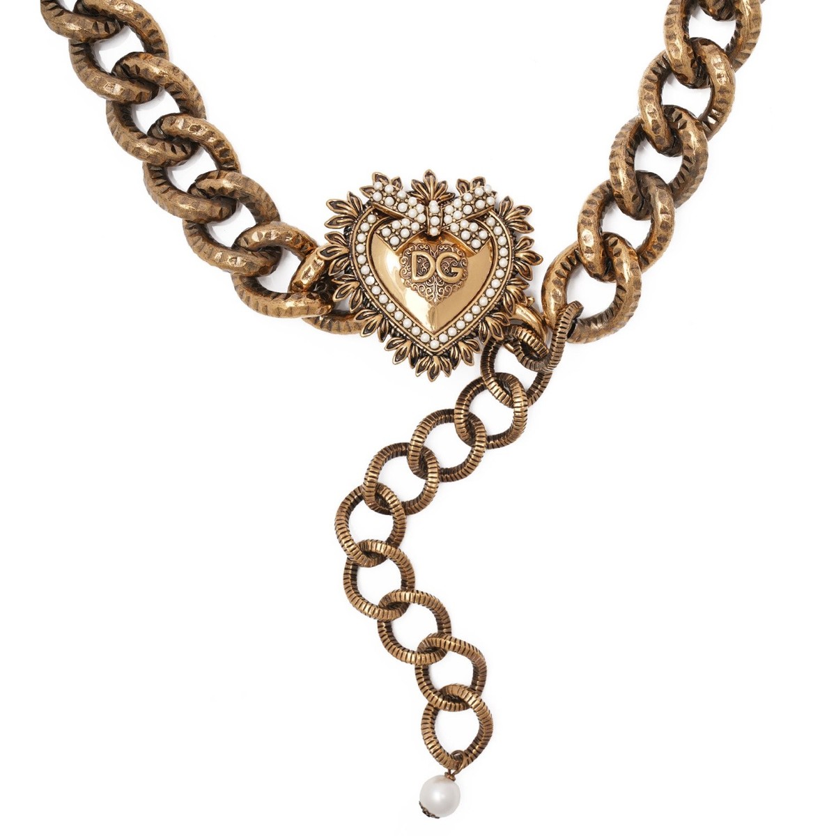 DOLCE & GABBANA DEVOTION DG Logo Pearl Heart Pendant Metal Chain