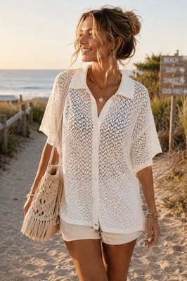 Beachy Crochet Open Knit Beach Cover Up Top Coastal Boho Resort M Roxy White