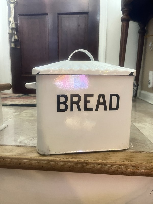 Farmhouse Metal Bread Box w/Cover White Enamel Food Storage Canister Shabby Chic