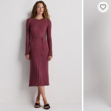 Quince Cotton Cashmere Ribbed Long Sleeve Crew Midi Dress Plum Purple Medium NEW