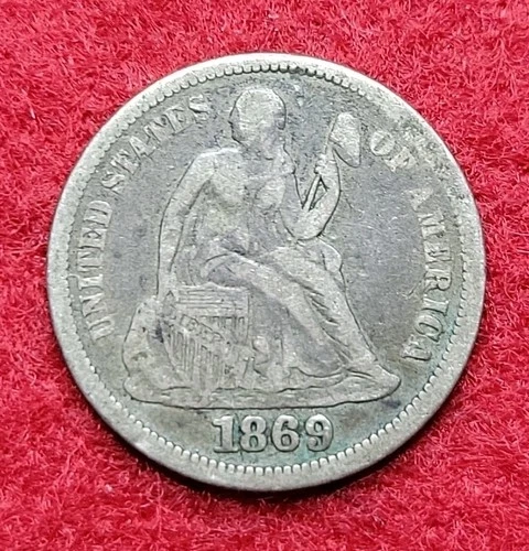 1869 Silver Seated Liberty 10c Ten Cent Coin VG