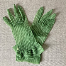 Vintage 1950s Green Gingham Organza Wrist Gloves Ruffle Cuff Rockabilly Pinup