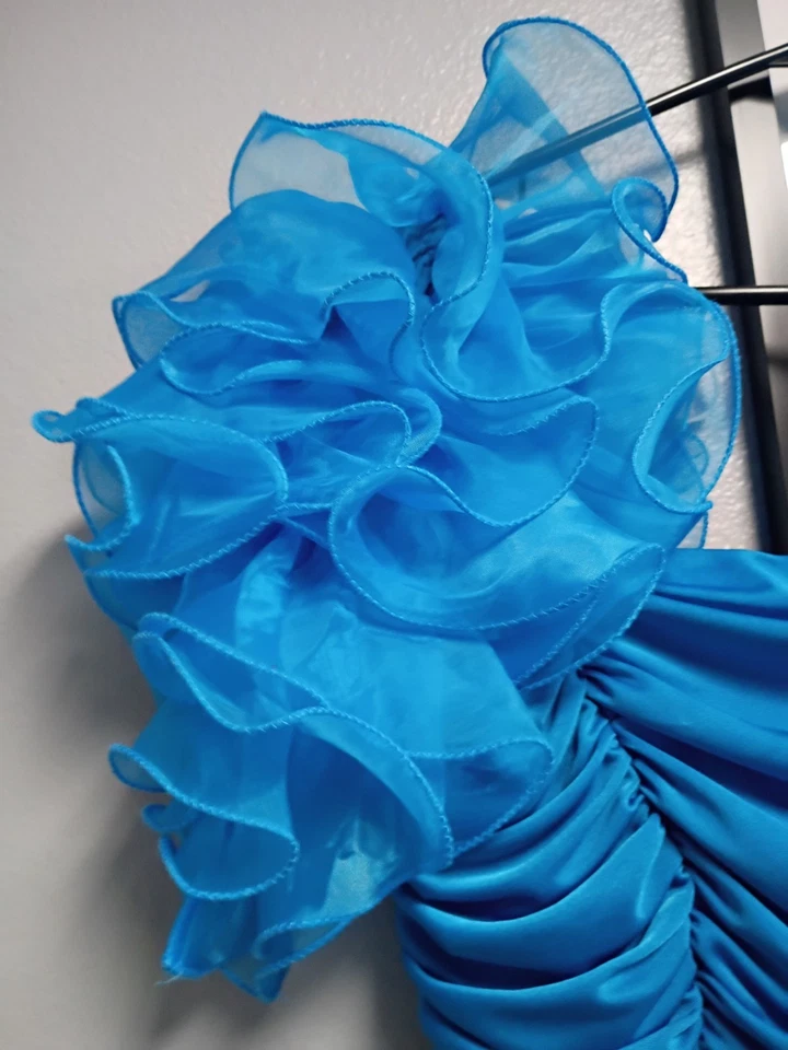 Vintage 80s Party Prom Dress Nadine Ruffles Teal Sz 1 USA Union Made - Image 3 of 4