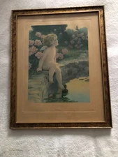 Antique 1912 Bessie Pease Gutmann The Butterfly #632 in nice gilted frame